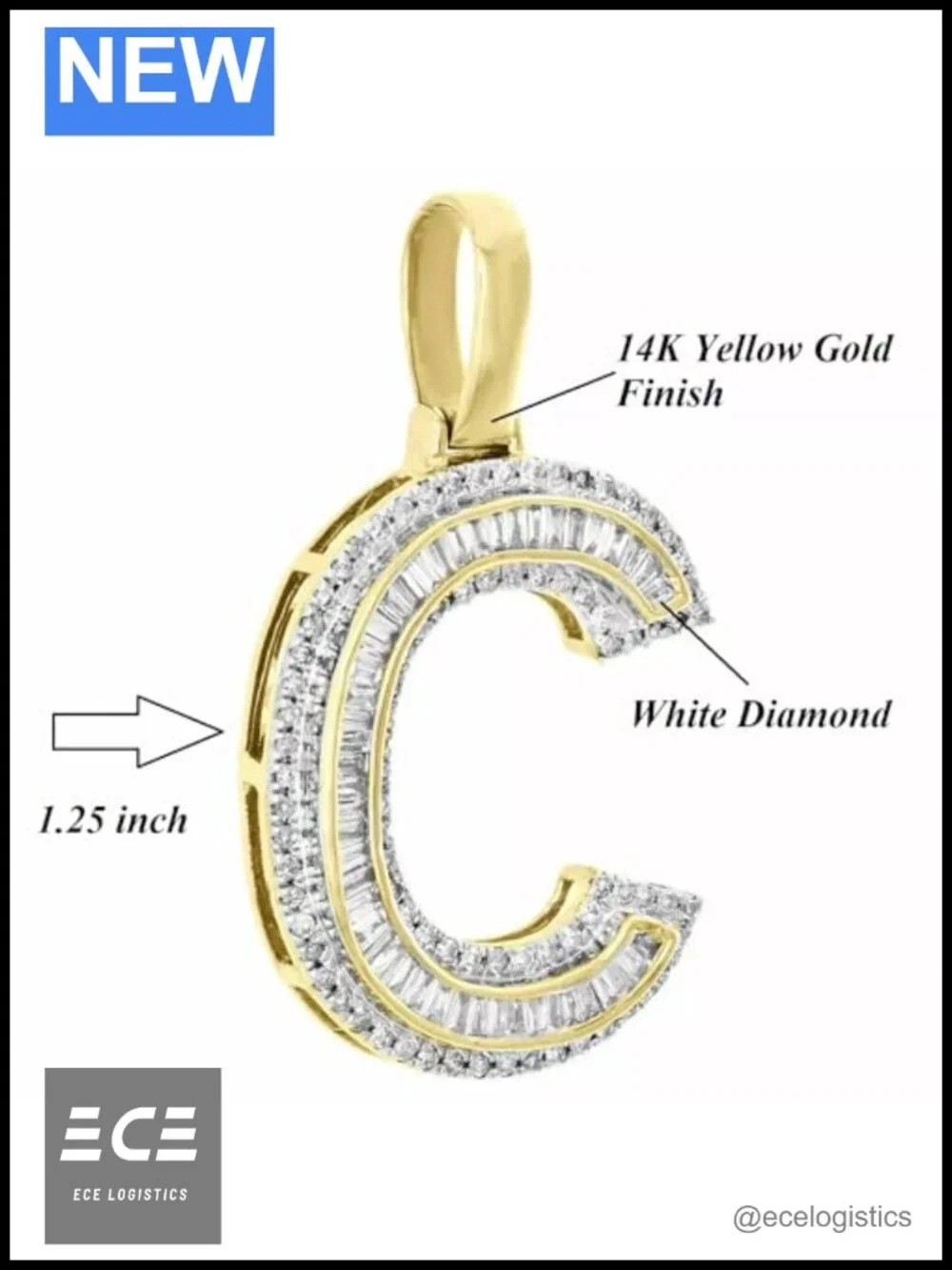 1.50ct Baguette Simulated Diamond Letter C Mini Pendant Initial Charm 14K Gold